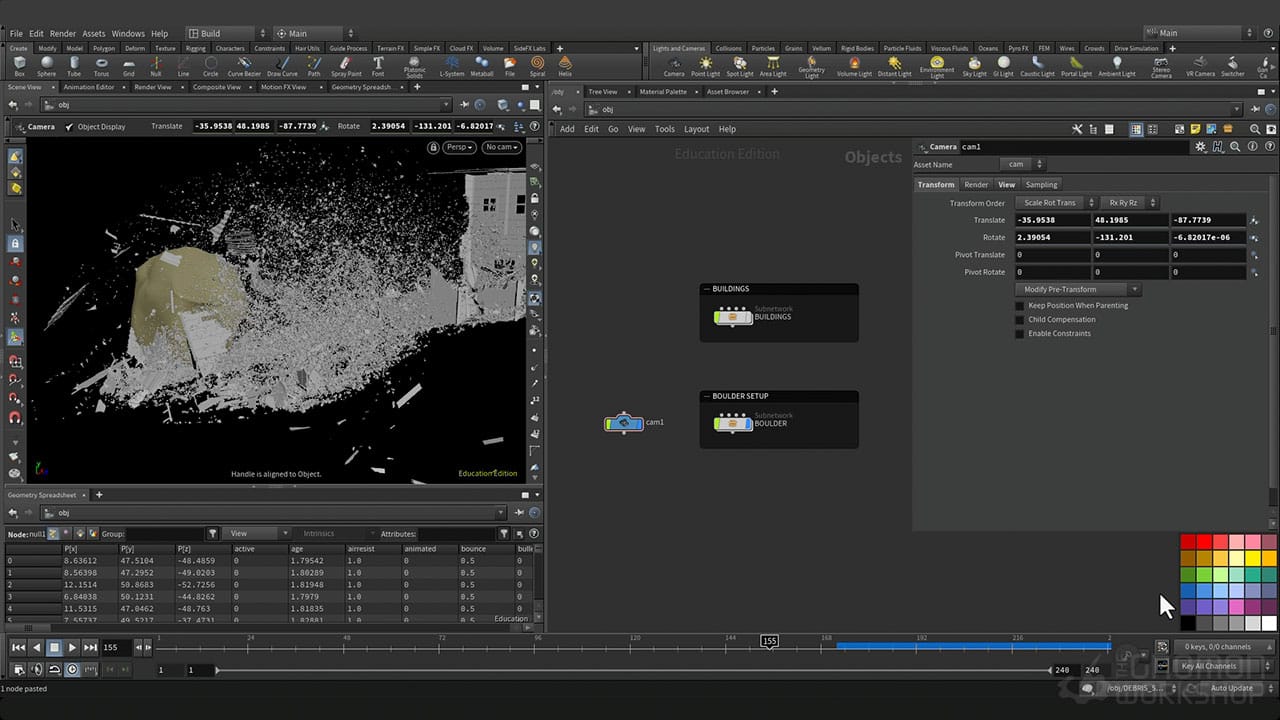 Screenshot of Houdini being used to build a fully scalable cinematic destruction VFX shot using professional procedural techniques