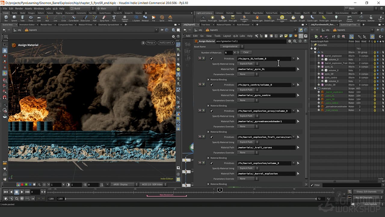 Smoke and fire simulation shown in Houdini screenshot