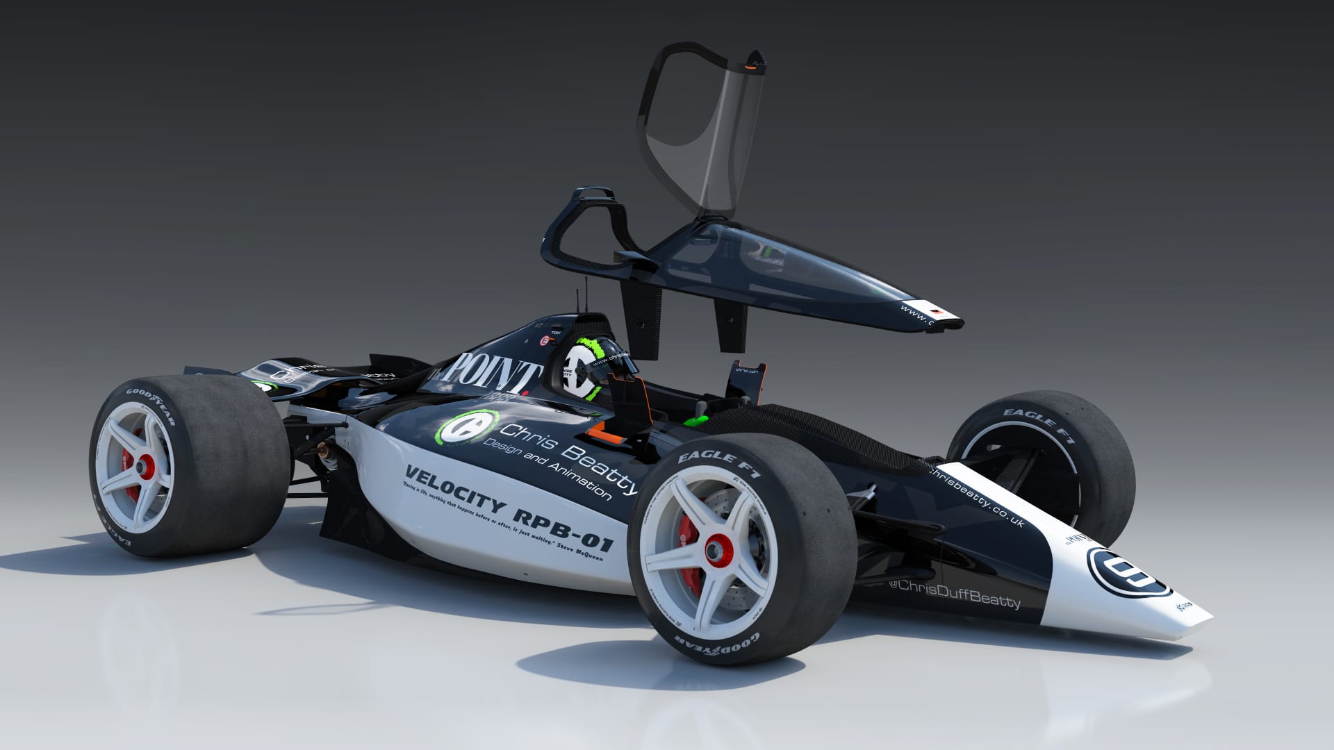 Velocity race car racing vehicle concept design art by Chris Beatty showing the canopy removed 3D artwork