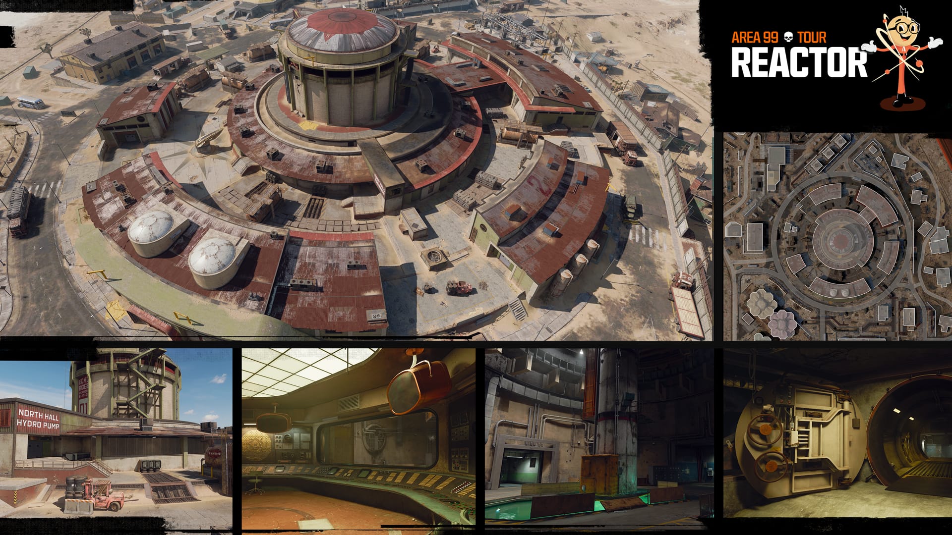 Warzone Resurgence Map Area 99, in-game renders top-down, birds-eye, corridor